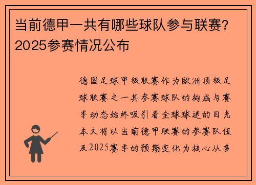 当前德甲一共有哪些球队参与联赛？2025参赛情况公布